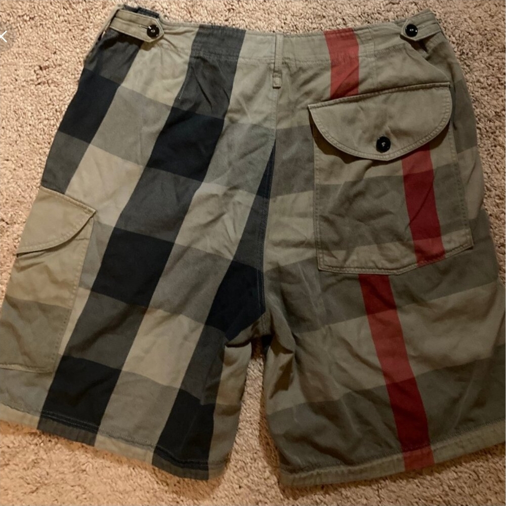 Burberry Striped Cargo Shorts in Black, Gray, and Red